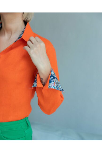 Женская льняная рубашка под пуговицы оранжевая - 8331 от byME 
