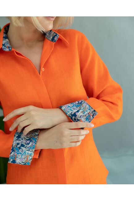 Женская льняная рубашка под пуговицы оранжевая - 8331 от byME 