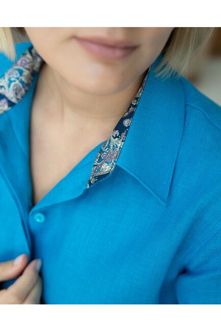 Женская льняная рубашка голубая с отделкой - 8332 от byME 