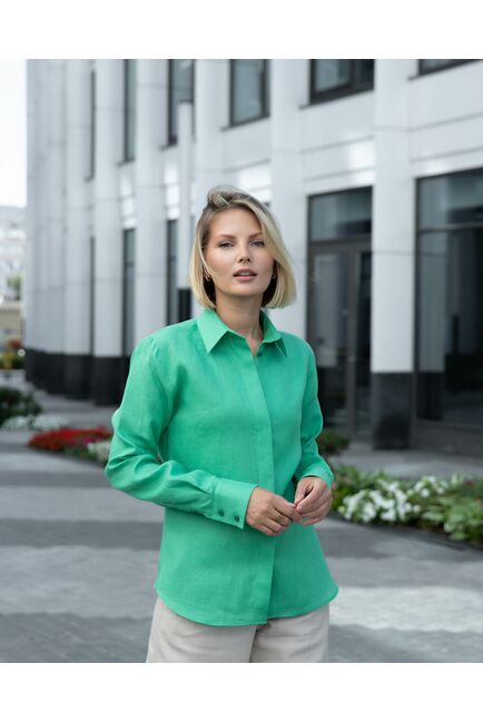 Женская льняная рубашка зелёная - 8335 от byME 