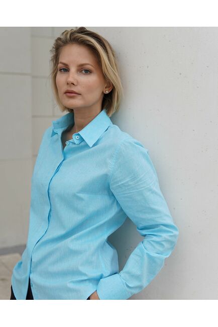 Женская рубашка из хлопка и льна светло-бирюзовая  - 8340 от ByME 