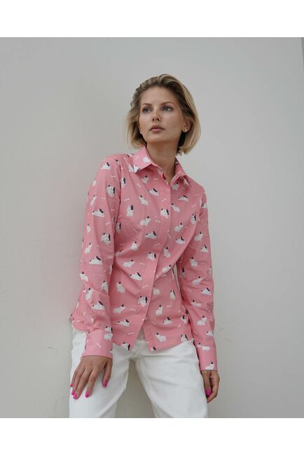 Женская рубашка под пуговицы розовая принт собачки - 8341 от byME 