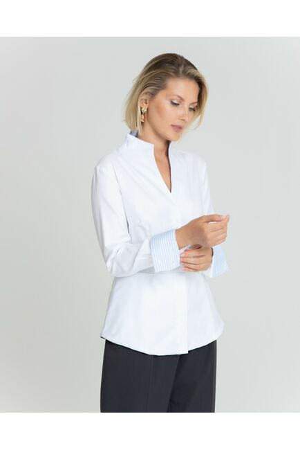 Женская рубашка воротник стойка белая с отделкой в голубую полоску - 8342 от byME 