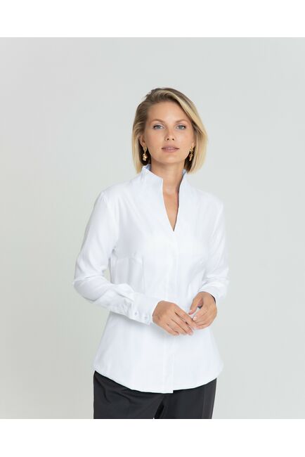 Женская рубашка воротник стойка белая с отделкой в голубую полоску - 8342 от byME 