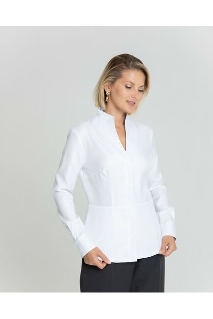 Женская рубашка воротник стойка белая с отделкой в голубую полоску - 8342 от byME 