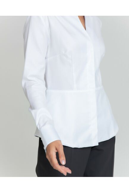 Женская рубашка воротник стойка белая с отделкой в голубую полоску - 8342 от byME 