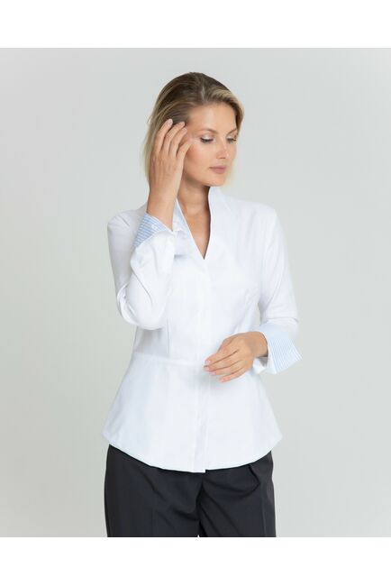 Женская рубашка воротник стойка белая с отделкой в голубую полоску - 8342 от byME 