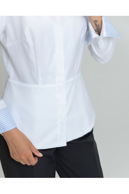 Женская рубашка воротник стойка белая с отделкой в голубую полоску - 8342 от byME 