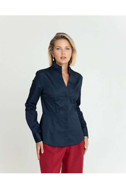 Женская рубашка воротник стойка тёмно-синяя с отделкой протеи - 8343 от byME 