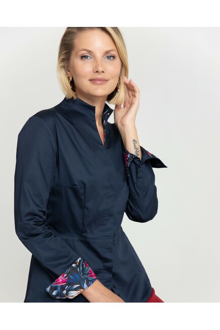 Женская рубашка воротник стойка тёмно-синяя с отделкой протеи - 8343 от byME 