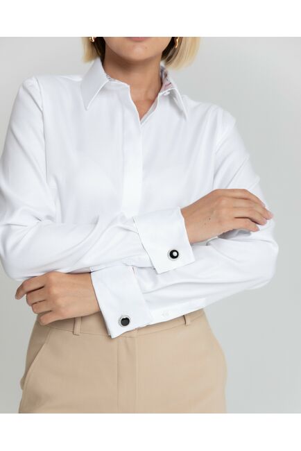 Женская рубашка под запонку белая с отделкой цветы - 8355 от byME 