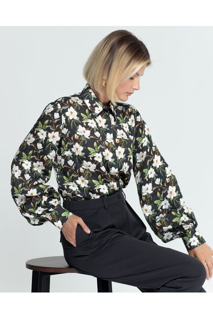 Женская рубашка под пуговицу чёрная принт магнолии - 8381 от byME 