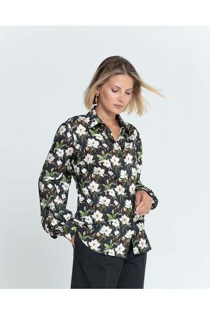 Женская рубашка под пуговицу чёрная принт магнолии - 8381 от byME 