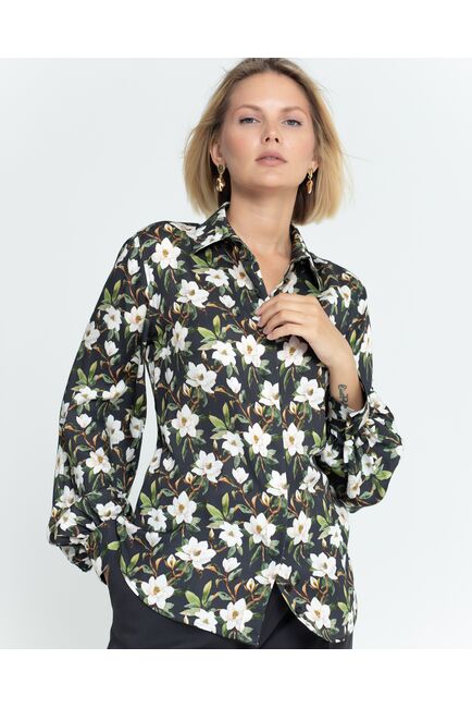 Женская рубашка под пуговицу чёрная принт магнолии - 8381 от byME 