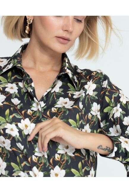 Женская рубашка под пуговицу чёрная принт магнолии - 8381 от byME 