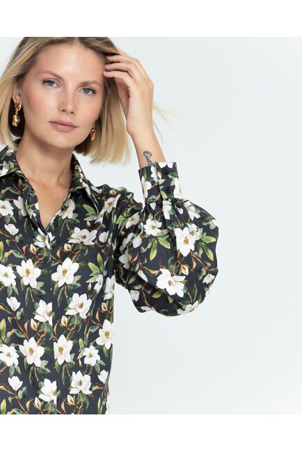 Женская рубашка под пуговицу чёрная принт магнолии - 8381 от byME 