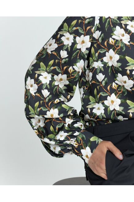 Женская рубашка под пуговицу чёрная принт магнолии - 8381 от byME 