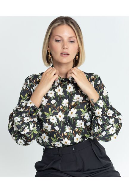 Женская рубашка под пуговицу чёрная принт магнолии - 8381 от byME 