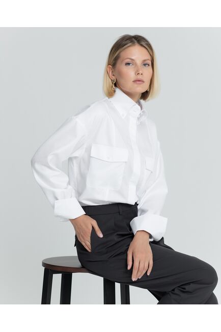Женская белая рубашка с высокой манжетой под пуговицы с карманами - 8382 от byME 