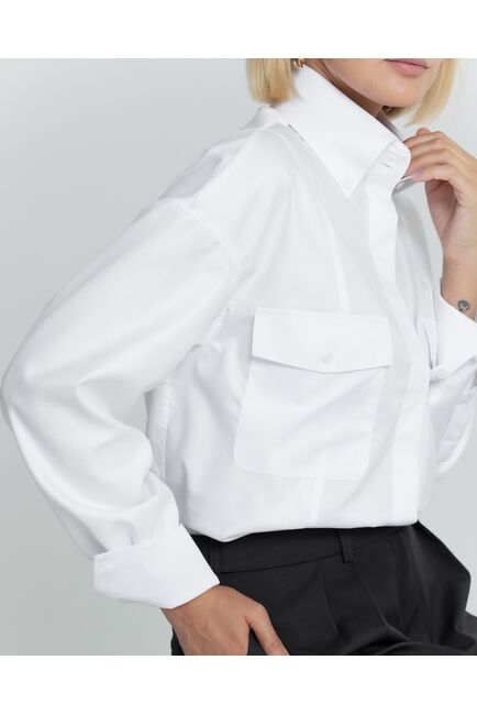 Женская белая рубашка с высокой манжетой под пуговицы с карманами - 8382 от byME 