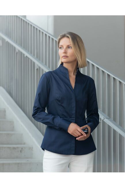 Женская рубашка воротник стойка тёмно-синяя с отделкой протеи - 8343 от byME 