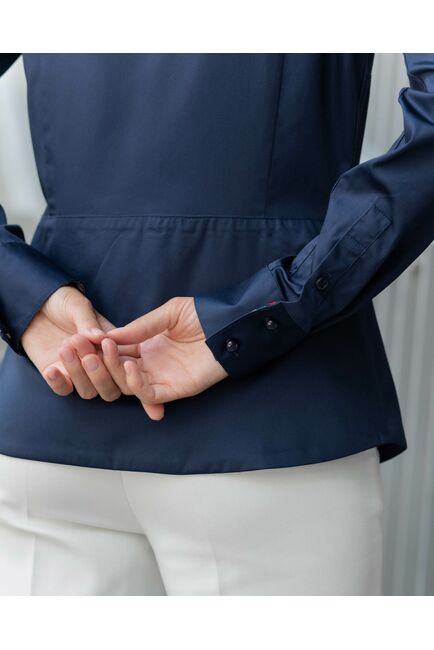 Женская рубашка воротник стойка тёмно-синяя с отделкой протеи - 8343 от byME 