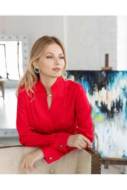 Женская рубашка под запонку красная воротник стойка - 8345 от byME 