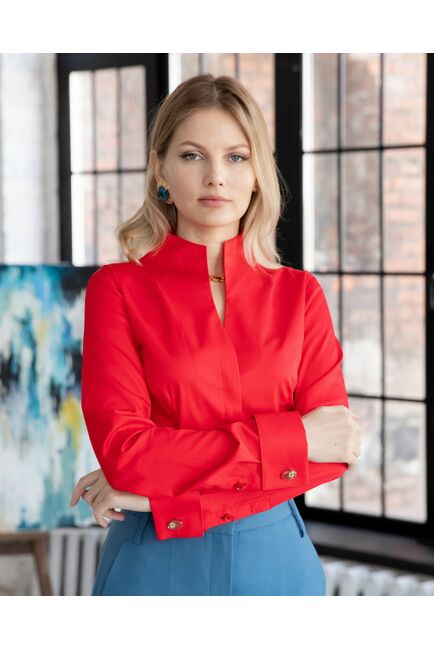Женская рубашка под запонку красная воротник стойка - 8345 от byME 