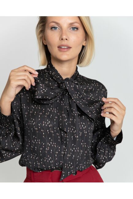 Женская блузка с бантом чёрная с принтом - 8379 от byME 