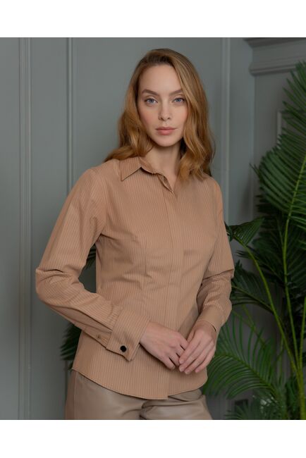 Женская рубашка под запонку коричневая в полоску - 8385 от byME 