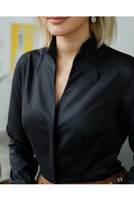 Женская рубашка под пуговицы с супатной застёжкой воротник стойка чёрная - 8404 от byME 