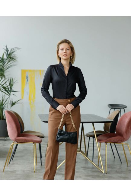 Женская рубашка под пуговицы с супатной застёжкой воротник стойка чёрная - 8404 от byME 