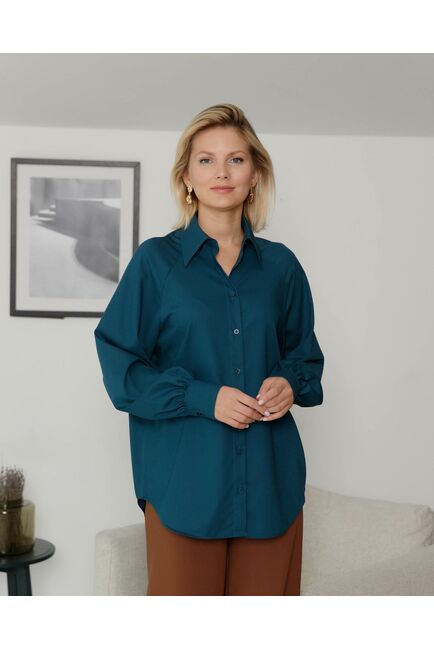 Женская рубашка в оверсайз силуэте под пуговицу с пышным рукавом бутылочная - 8406 от byME 