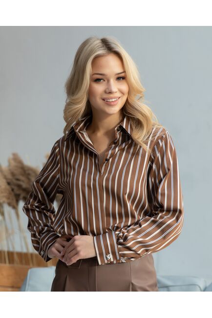 Женская рубашка с универсальным манжетом коричневая в полоску - 8421 от byME 
