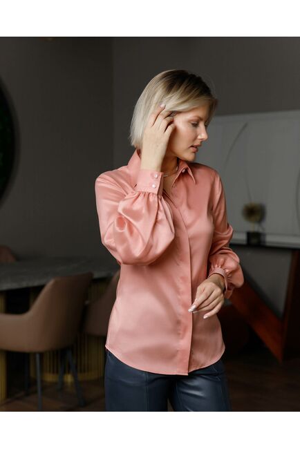 Женская рубашка с пышным рукавом персиковая - 8429 от byME 