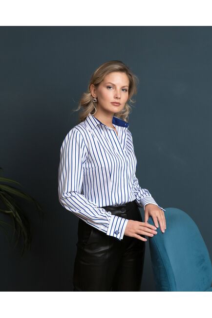 Женская рубашка под запонку белая в синюю полоску - 8433 от byME 