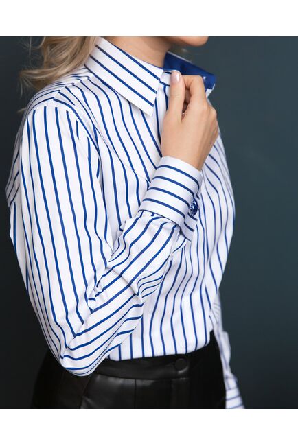Женская рубашка под запонку белая в синюю полоску - 8433 от byME 