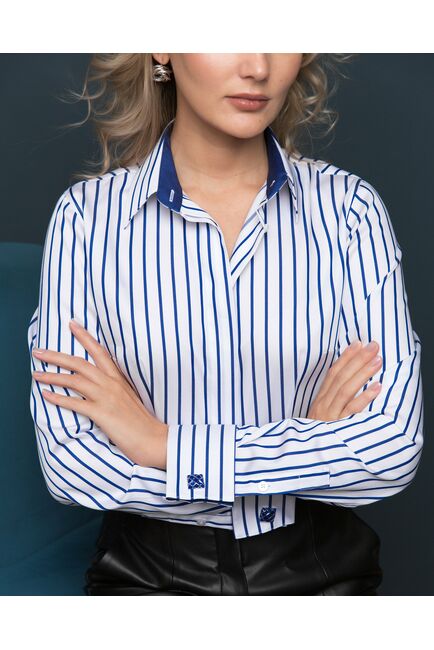 Женская рубашка под запонку белая в синюю полоску - 8433 от byME 