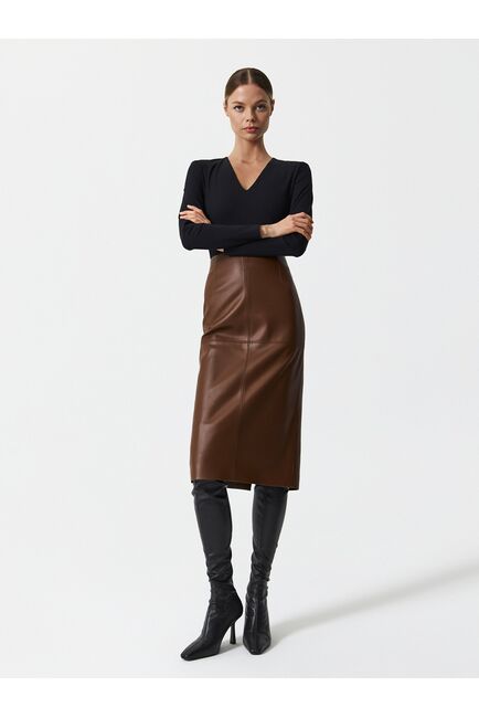 Юбка женская прямая из экокожи цвет карамель от byME 