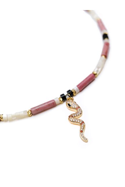 Чокер из родонита, перламутра и агата с подвеской змея  - S00155 от  