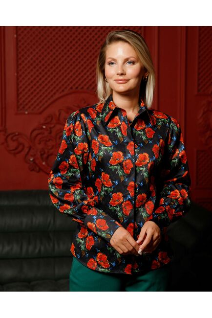 Женская рубашка под пуговицу принт маки - 7844 от byME 