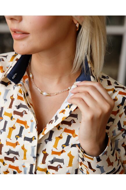 Женская рубашка под пуговицы с супатной застежкой полуприталенная с отделкой принт - 7949 от DoubleCuff 