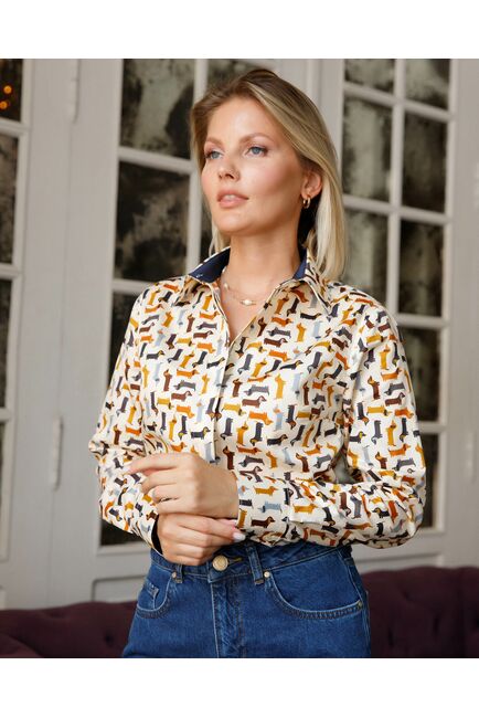 Женская рубашка под пуговицы с супатной застежкой полуприталенная с отделкой принт - 7949 от DoubleCuff 