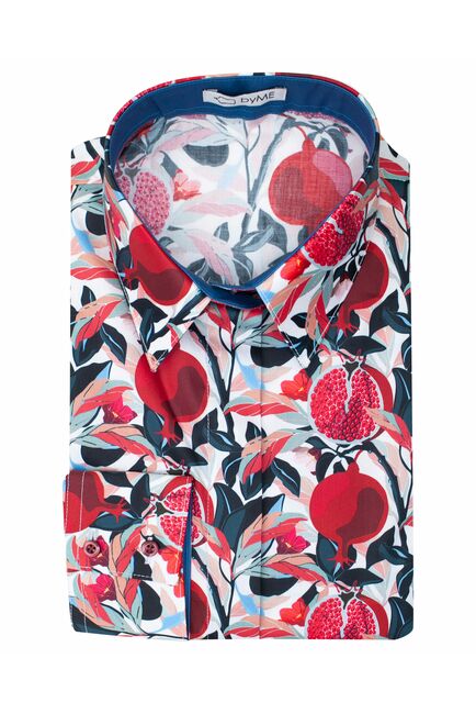 Женская рубашка под пуговицы с супатной застежкой полуприталенная с отделкой принт гранат - 8086 от byME 