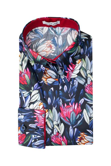 Женская рубашка из хлопка под пуговицы с супатной застежкой полуприталенная с отделкой цветы - 8144 от byME 