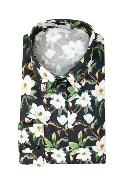 Женская рубашка под пуговицу чёрная принт магнолии - 8381 от byME 