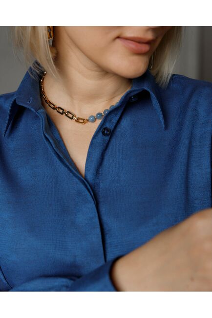 Женская рубашка фактурная с пышным рукавом синяя - 8428 от byME 