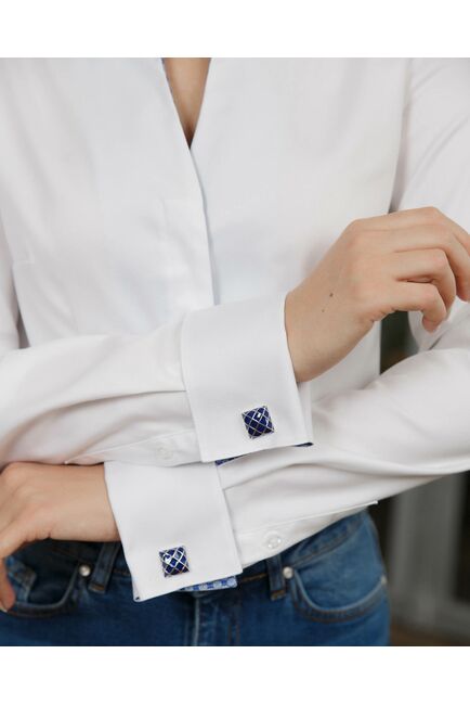 Женская рубашка под запонку воротник стойка белая с отделкой орнамент - 8442 от byME 