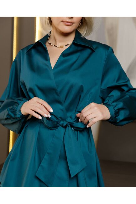 Женская рубашка на запа́х с поясом изумрудная - 8454 от byME 