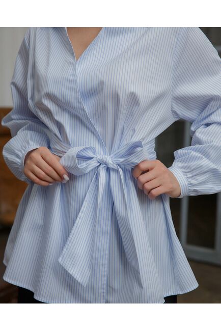 Женская рубашка на запа́х с поясом белая в полоску - 8459 от byME 